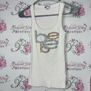 Bebe White Tank Top bling rhinestone diamonds Gold and Silver Logo OG